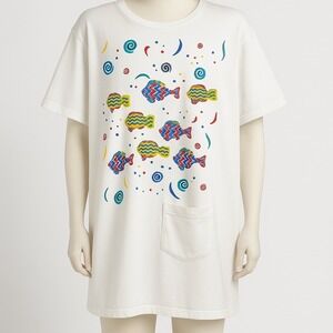 Vtg 90s Oasis Womens White Fish Swirl Graphic Pocket Tunic Tee Baggy Y2K Indie